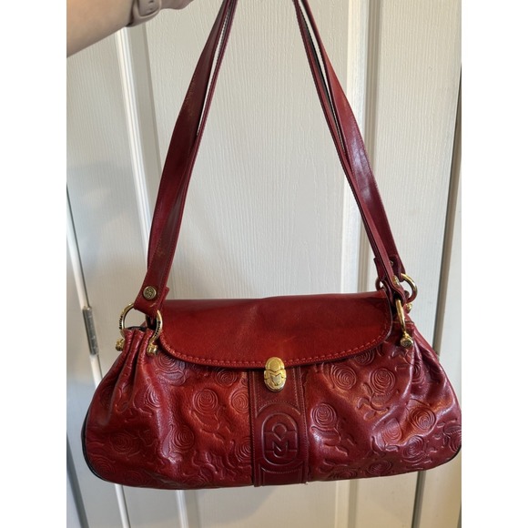 Marino Orlandi Red Embossed Leather Shoulder Bag Floral Tooled Gold Hardware - Picture 2 of 14